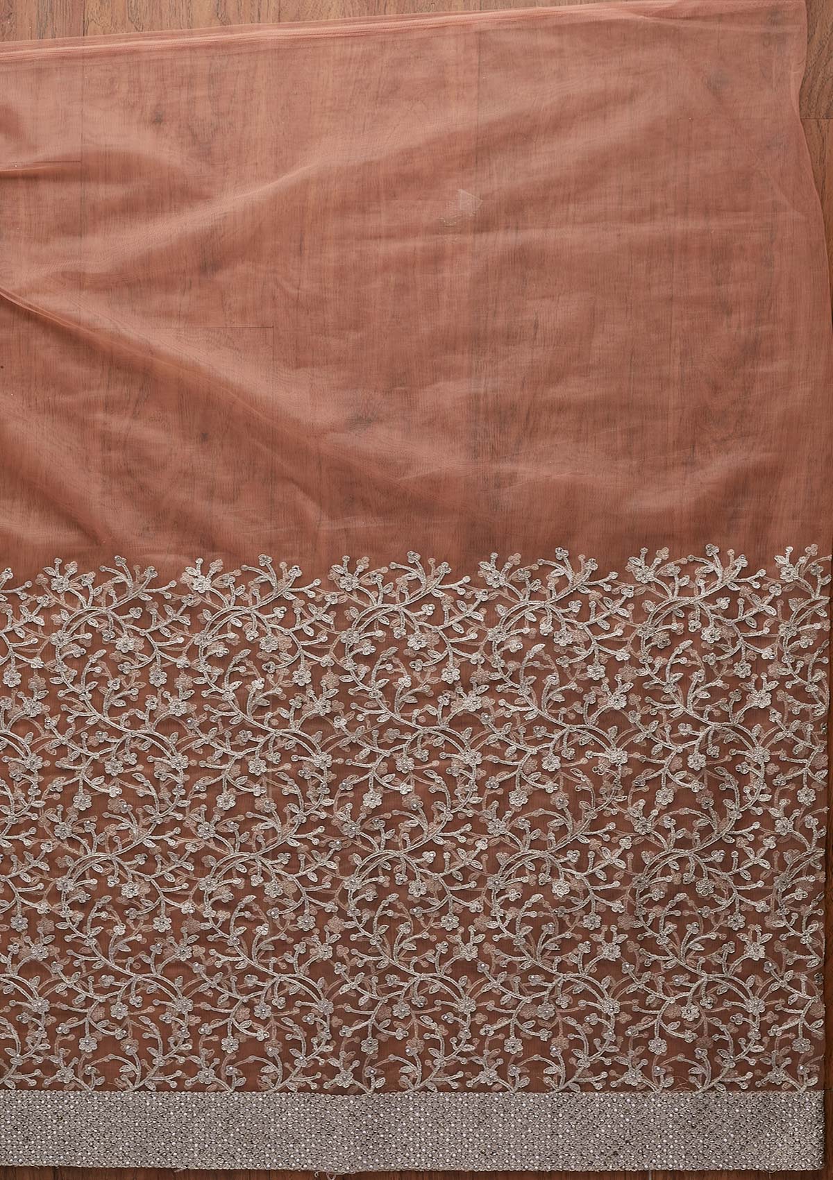 Peach Silver Zariwork Net Designer Saree - koskii