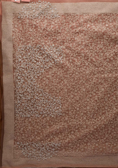 Peach Silver Zariwork Net Designer Saree - koskii