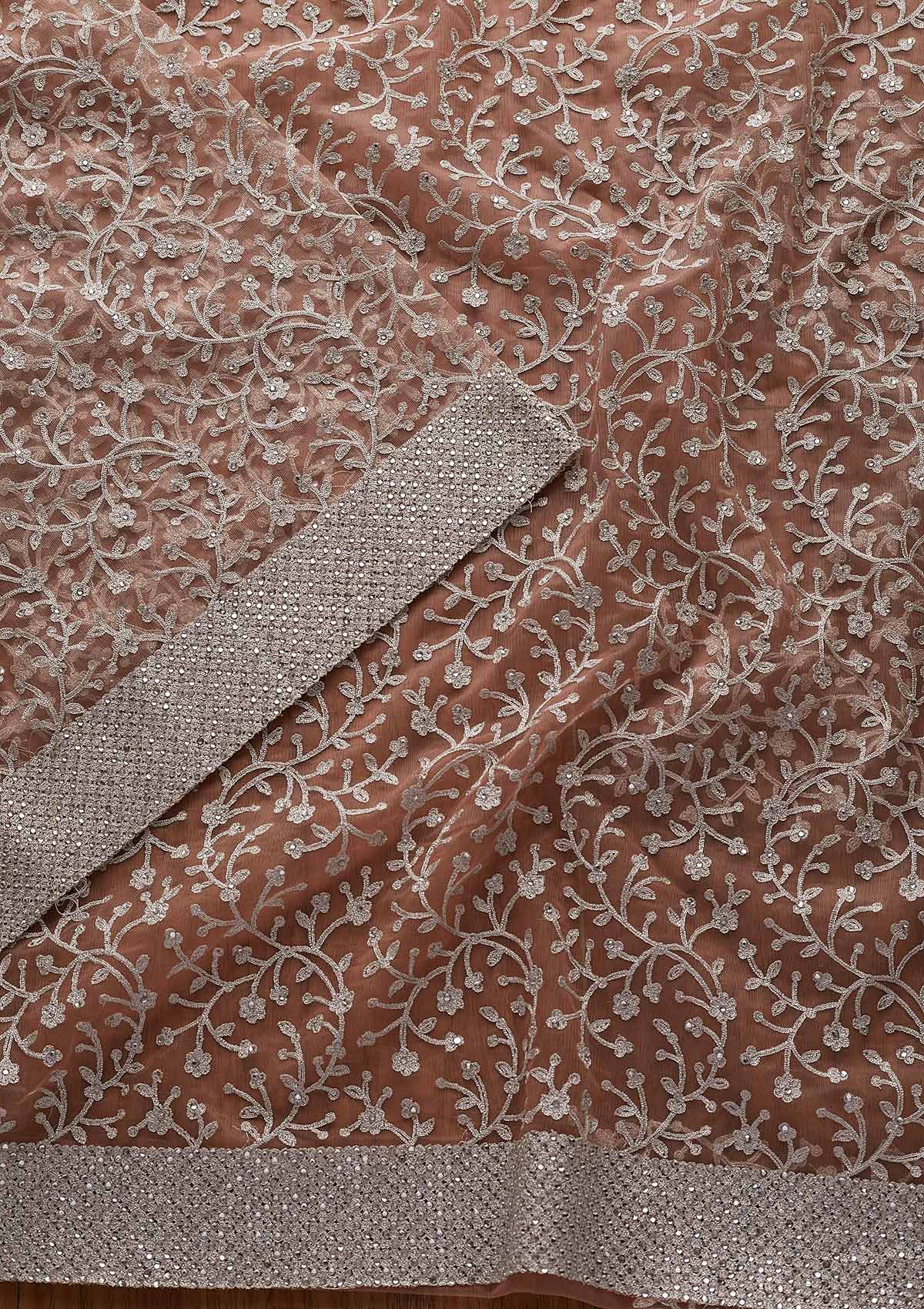 Peach Silver Zariwork Net Designer Saree - koskii