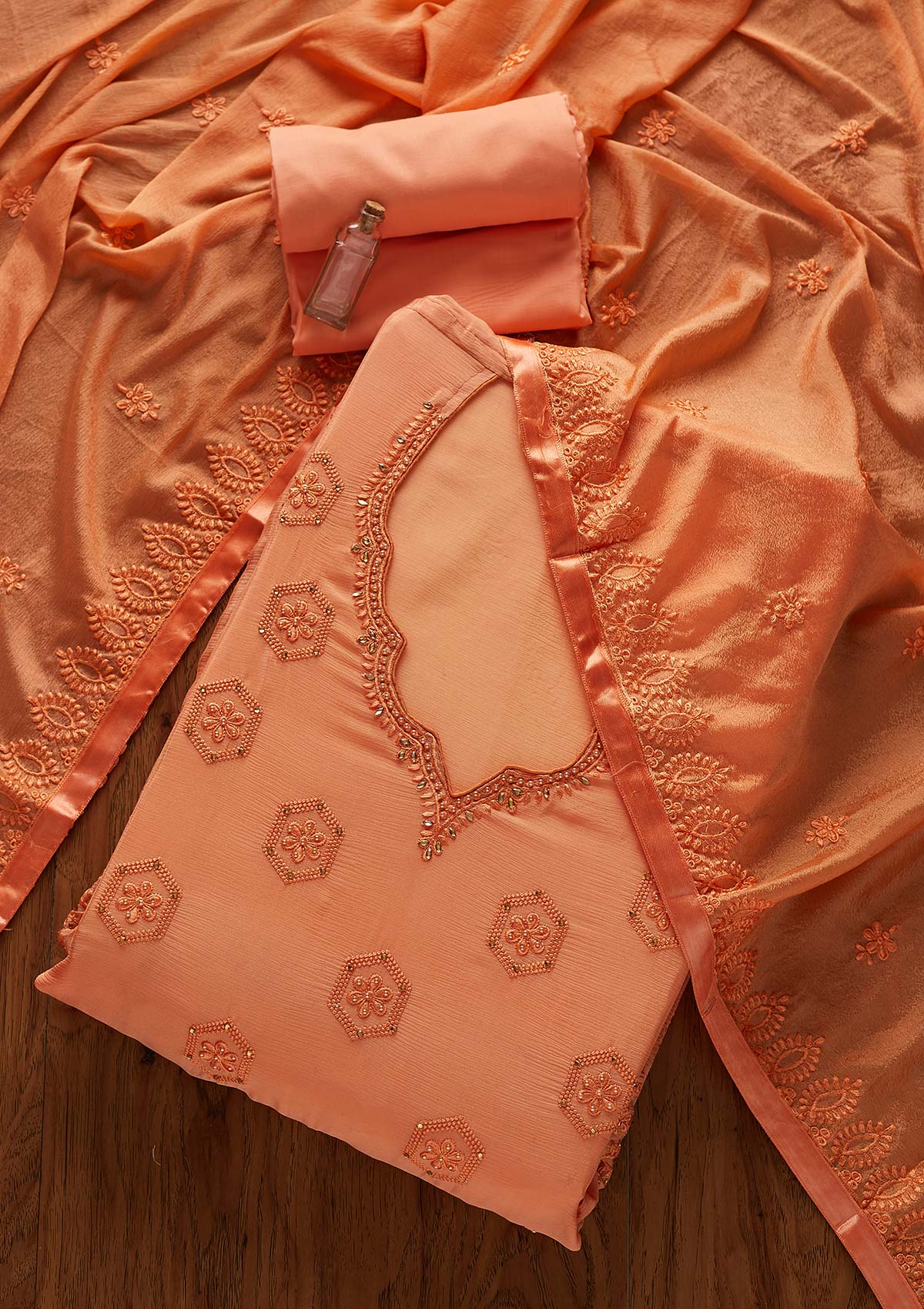 Peach Pearlwork Chiffon Designer Unstitched Salwar Suit - Koskii