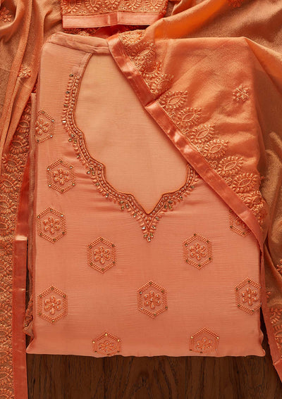 Peach Pearlwork Chiffon Designer Unstitched Salwar Suit - Koskii