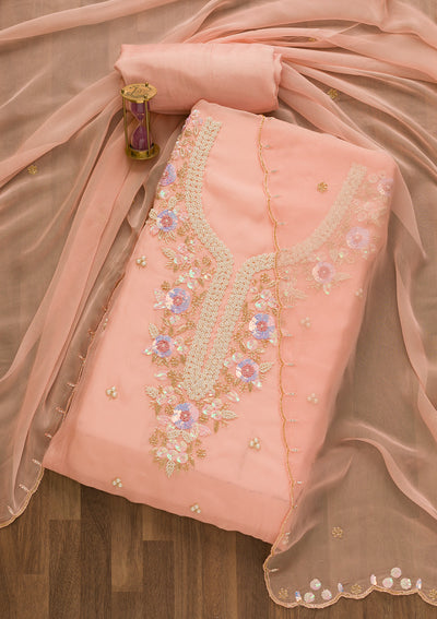 Peach Pearlwork Organza Unstitched Salwar Suit-Koskii
