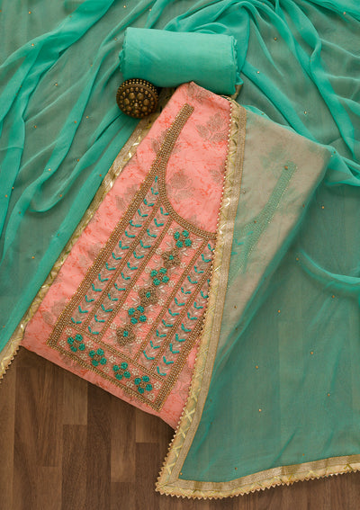 Peach Pearlwork Poly Chanderi Unstitched Salwar Suit-Koskii