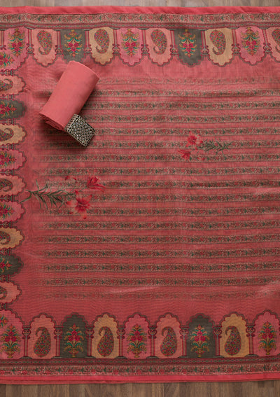 Peach Printed Art Silk Semi-Stitched Salwar Suit-Koskii