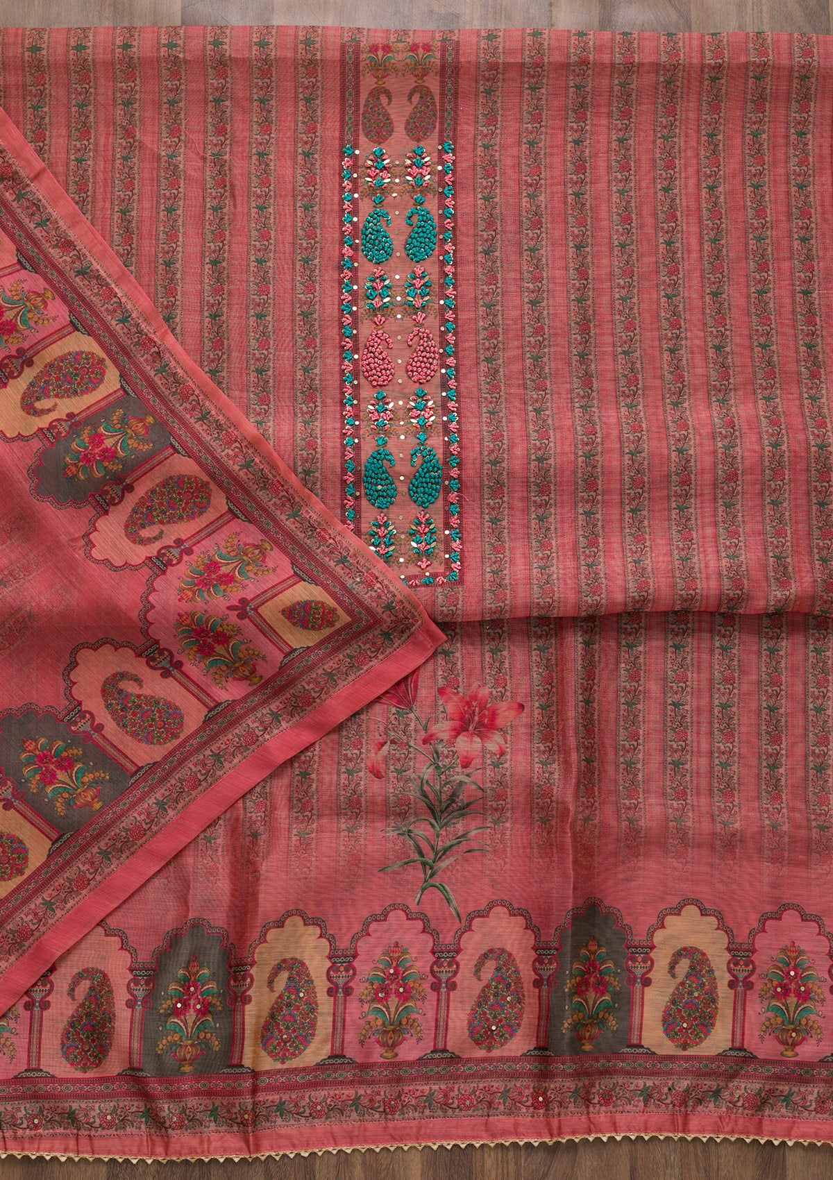 Peach Printed Art Silk Semi-Stitched Salwar Suit-Koskii