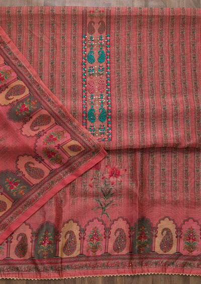 Peach Printed Art Silk Semi-Stitched Salwar Suit-Koskii