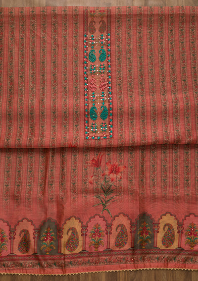 Peach Printed Art Silk Semi-Stitched Salwar Suit-Koskii