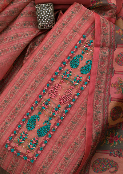 Peach Printed Art Silk Semi-Stitched Salwar Suit-Koskii
