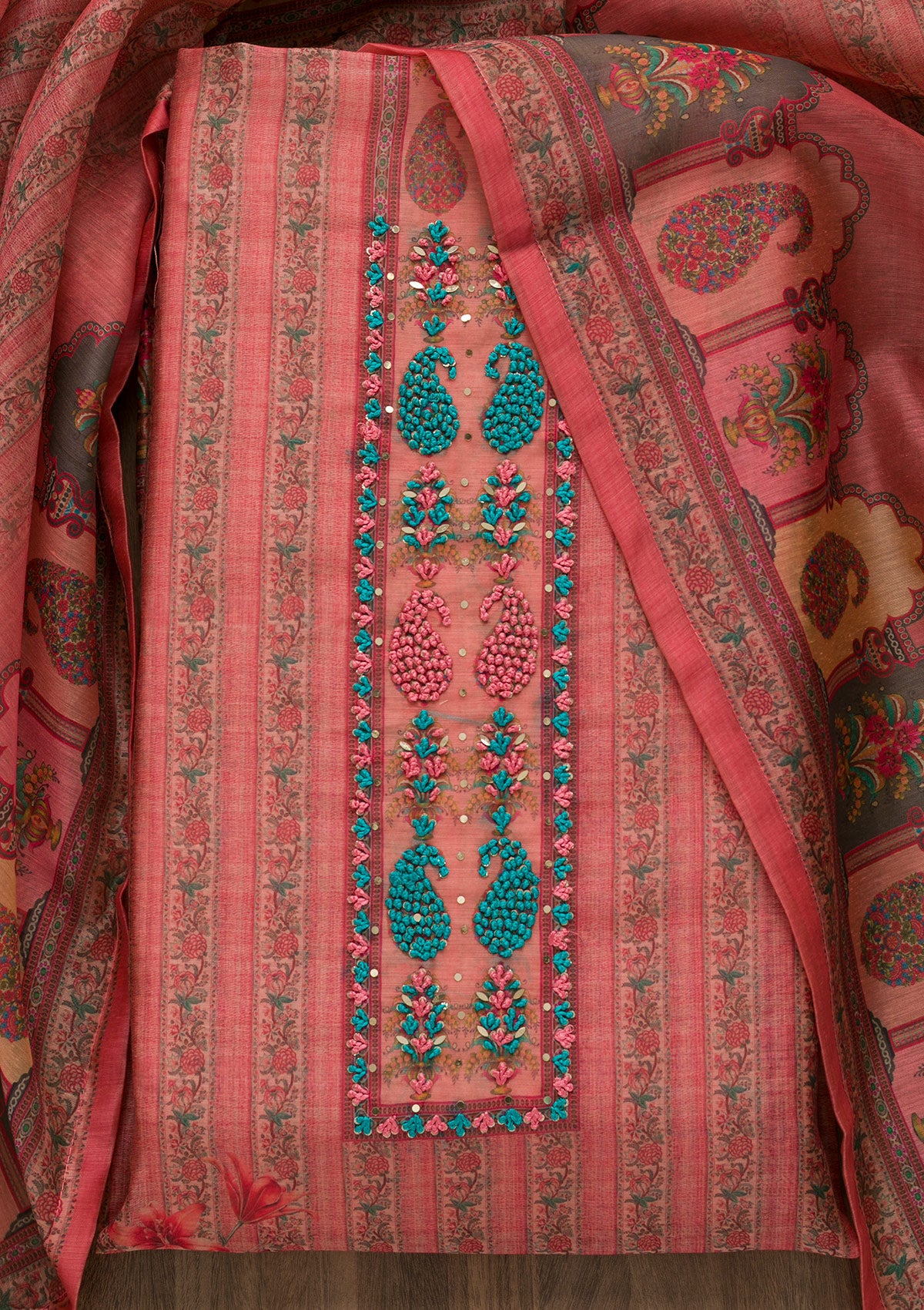 Peach Printed Art Silk Semi-Stitched Salwar Suit-Koskii