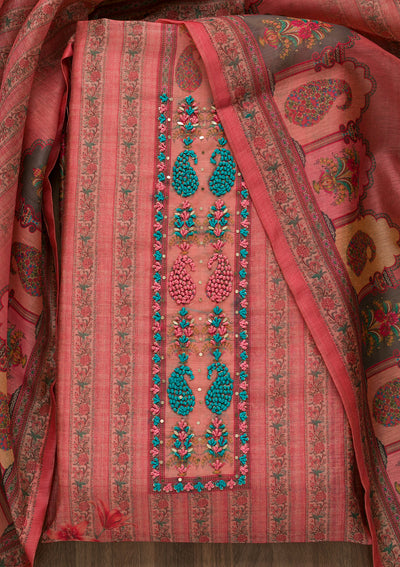 Peach Printed Art Silk Semi-Stitched Salwar Suit-Koskii