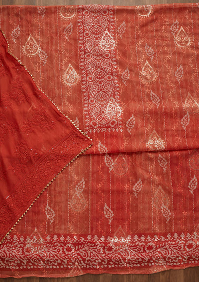 Peach Printed Chanderi Unstitched Salwar Suit-Koskii