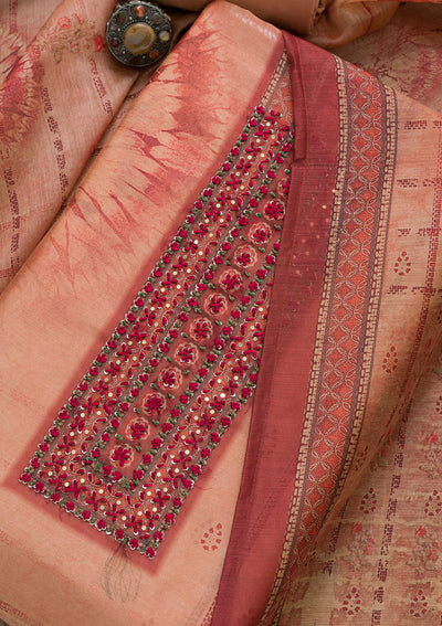 Peach Printed Chanderi Unstitched Salwar Suit-Koskii
