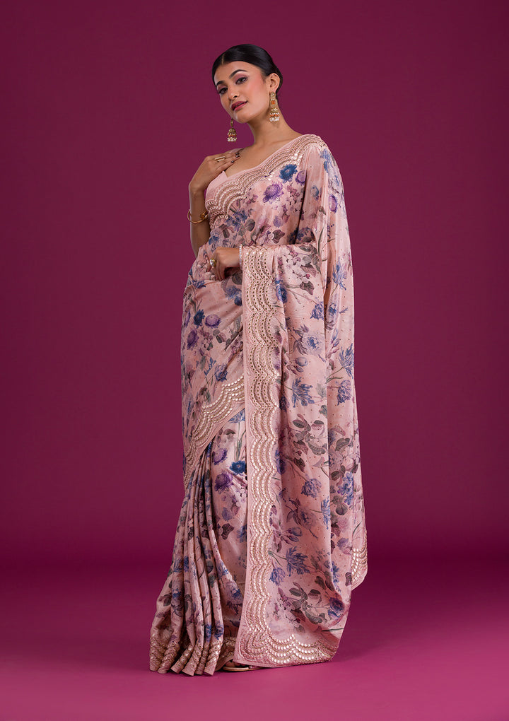 Peach Printed Semi Crepe Saree-Koskii
