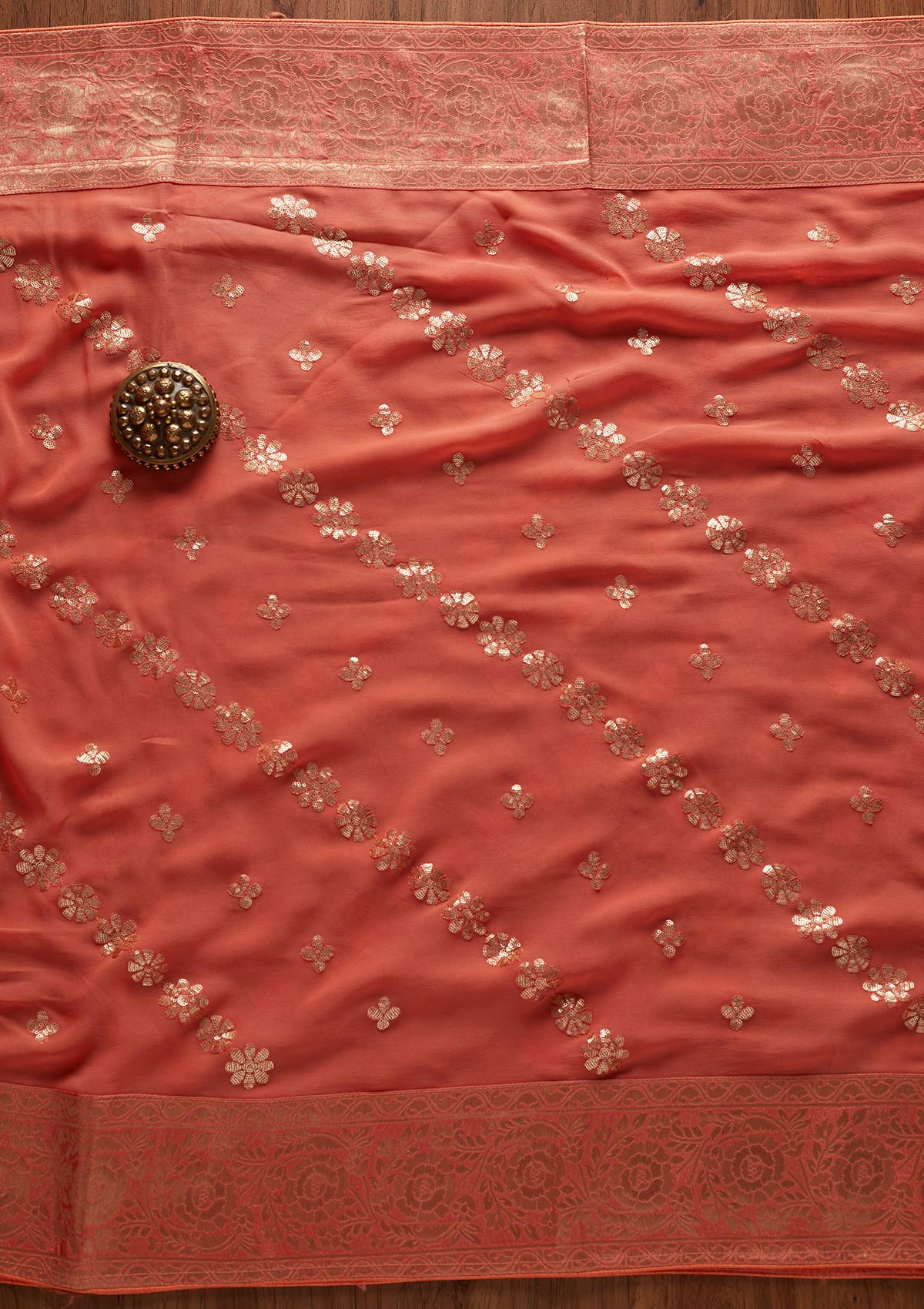 Peach Sequins Banarasi Designer Unstitched Salwar Suit - koskii