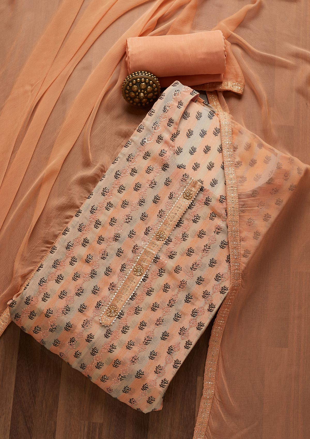Peach Sequins Chanderi Unstitched Salwar Suit- Koskii