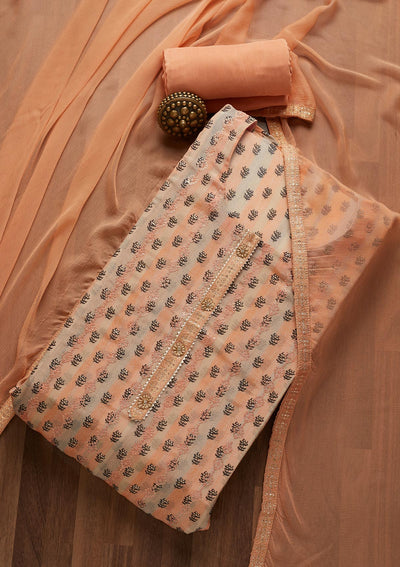 Peach Sequins Chanderi Unstitched Salwar Suit- Koskii