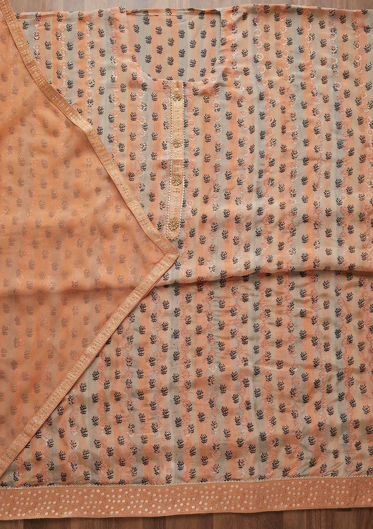 Peach Sequins Chanderi Unstitched Salwar Suit - Koskii