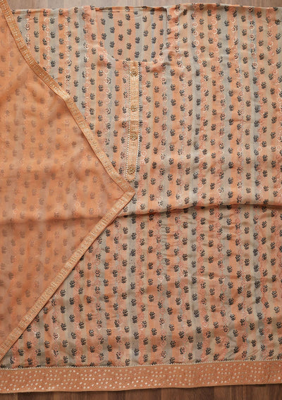 Peach Sequins Chanderi Unstitched Salwar Suit - Koskii