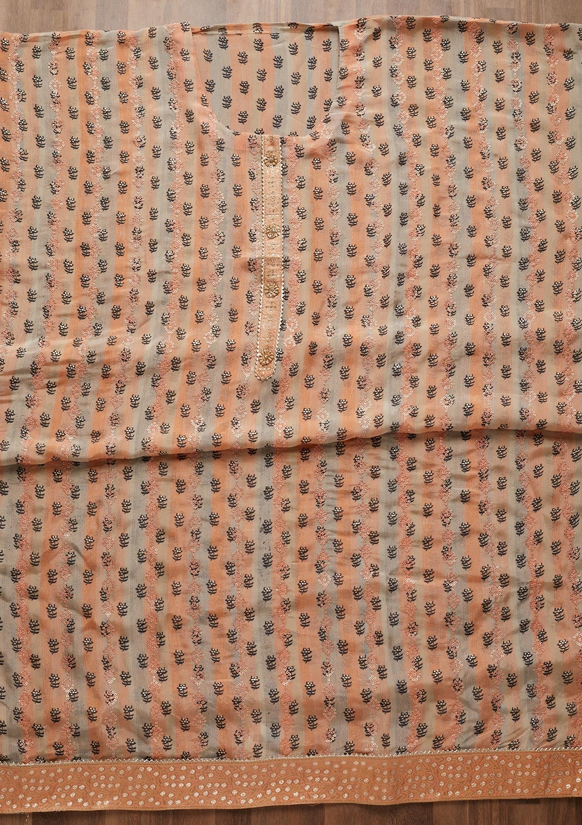 Peach Sequins Chanderi Unstitched Salwar Suit - Koskii