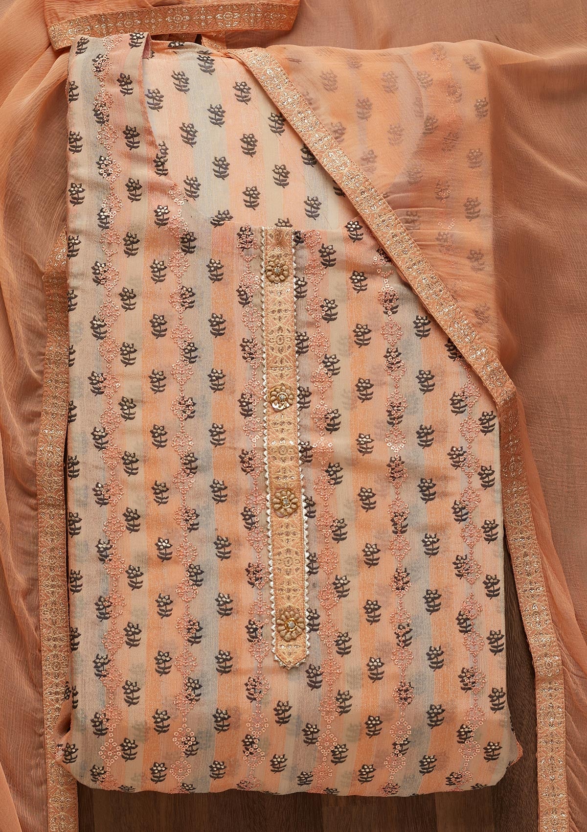 Peach Sequins Chanderi Unstitched Salwar Suit - Koskii