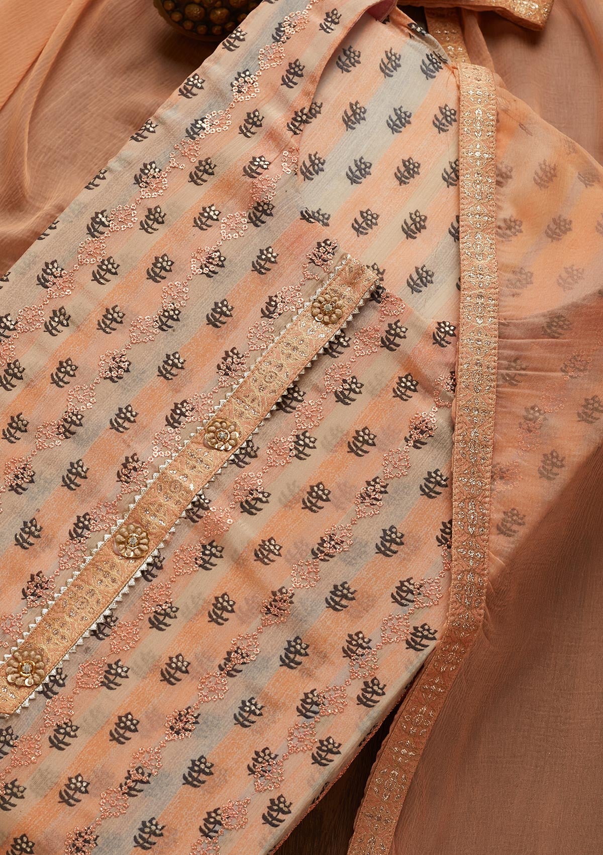 Peach Sequins Chanderi Unstitched Salwar Suit - Koskii