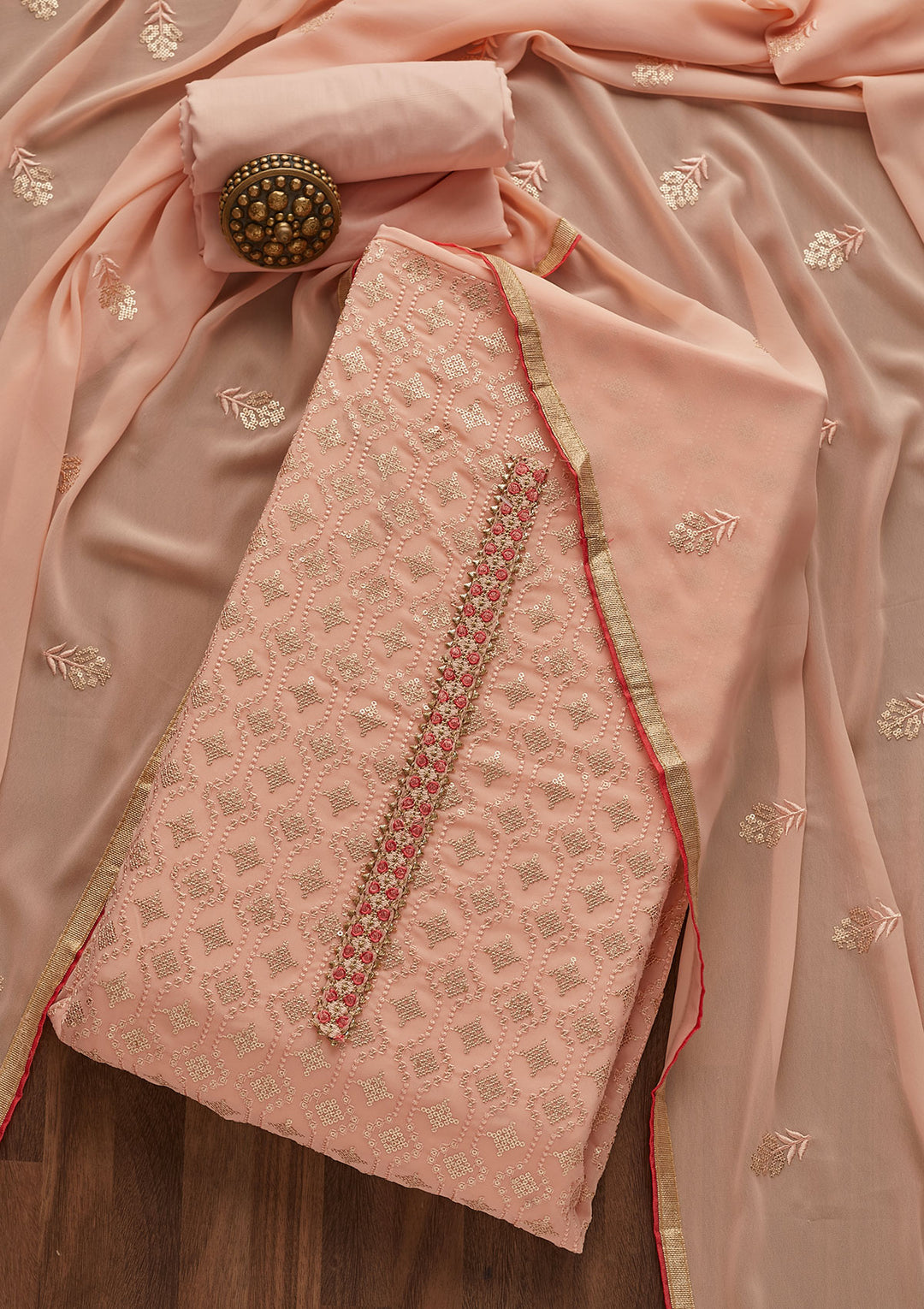 Peach Sequins Georgette Designer Semi-Stitched Salwar Suit - Koskii