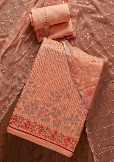 Peach Sequins Georgette Designer Unstitched Salwar Suit - koskii