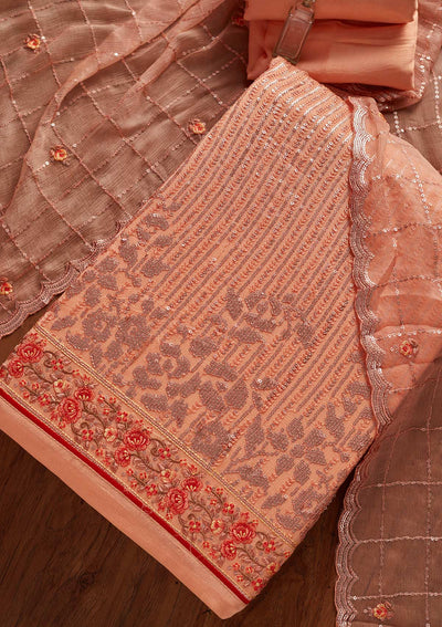 Peach Sequins Georgette Designer Unstitched Salwar Suit - koskii