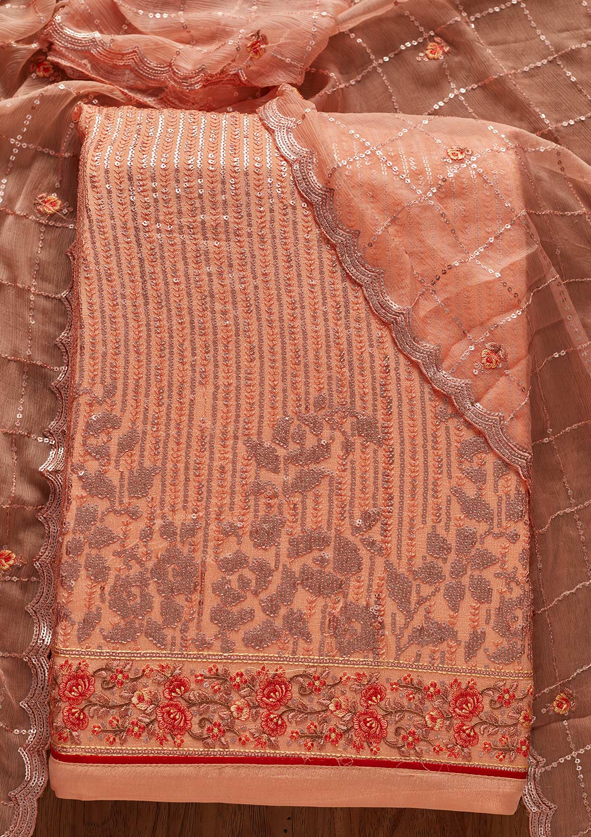 Peach Sequins Georgette Designer Unstitched Salwar Suit - koskii