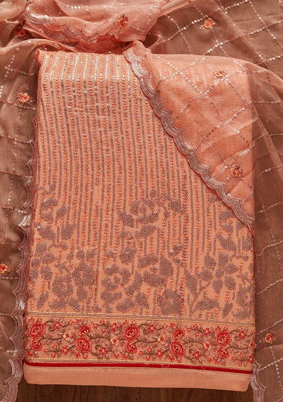 Peach Sequins Georgette Designer Unstitched Salwar Suit - koskii