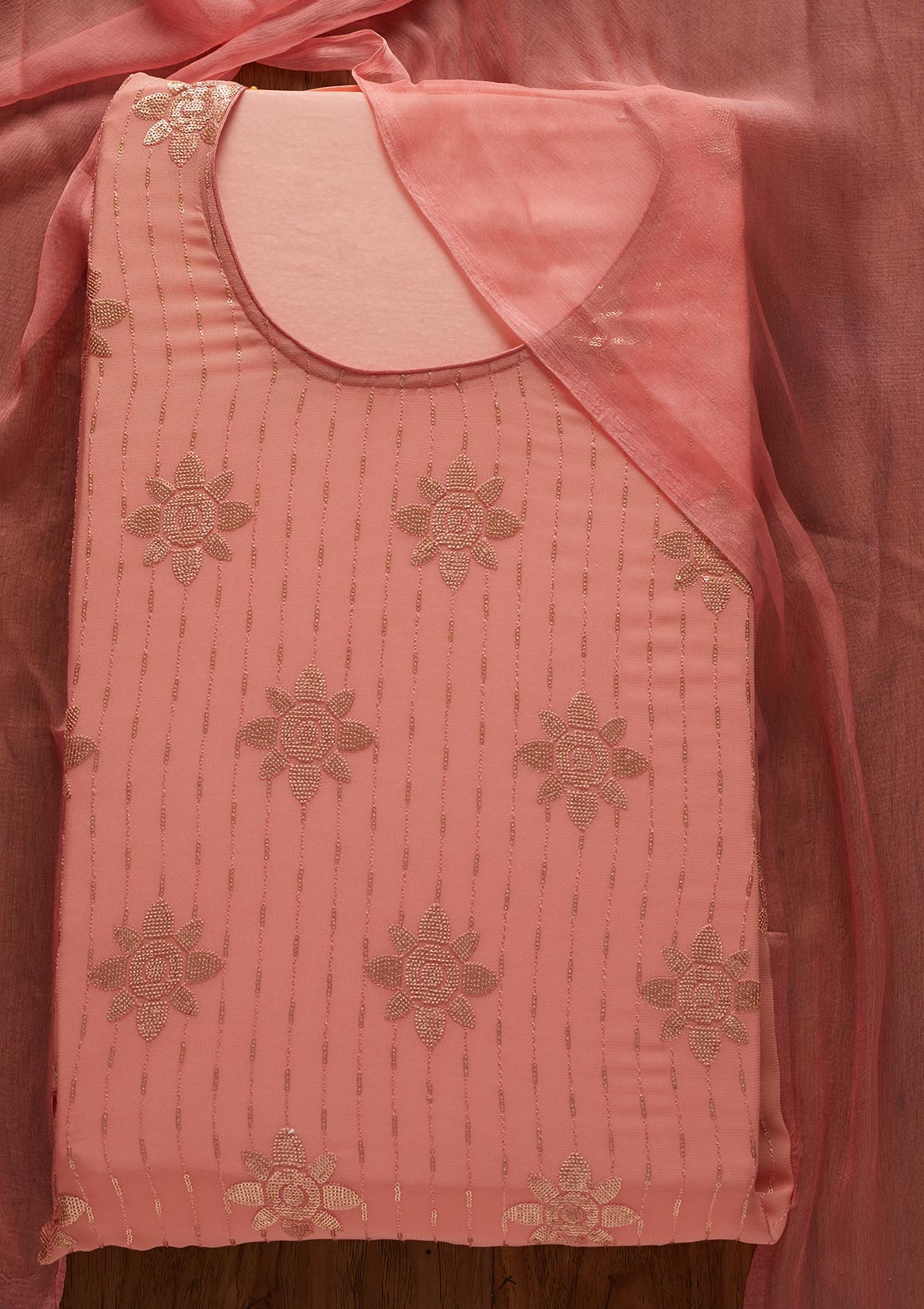 Peach Sequins Georgette Designer Unstitched Salwar Suit - koskii