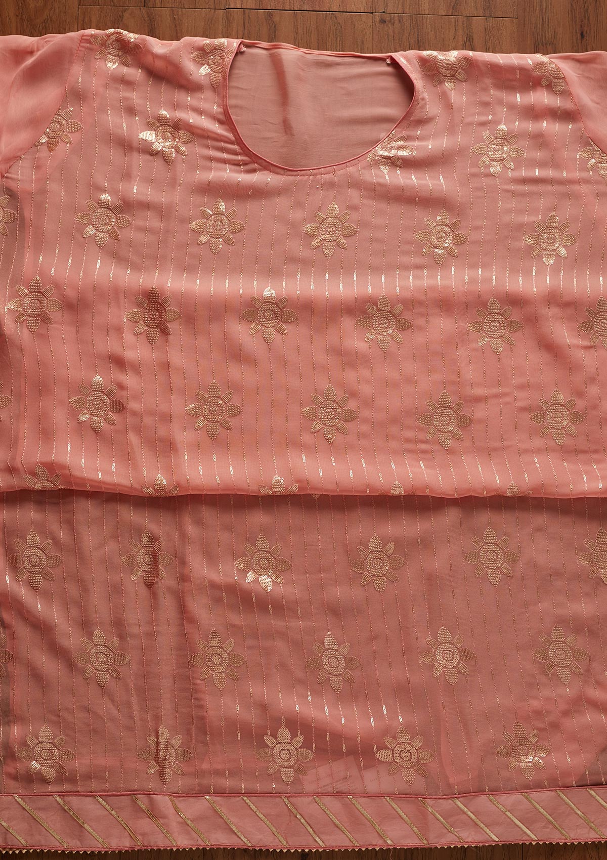 Peach Sequins Georgette Designer Unstitched Salwar Suit - koskii
