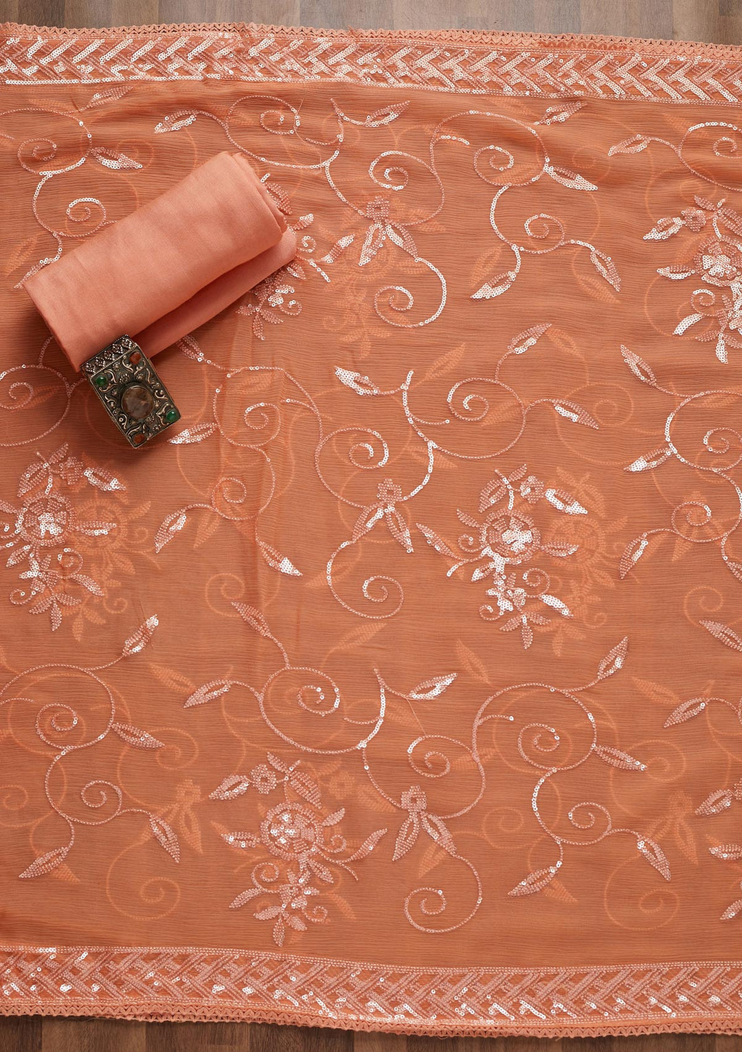 Peach Sequins Georgette Unstitched Salwar Suit - Koskii