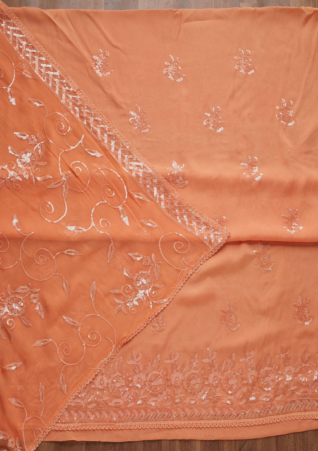 Peach Sequins Georgette Unstitched Salwar Suit - Koskii