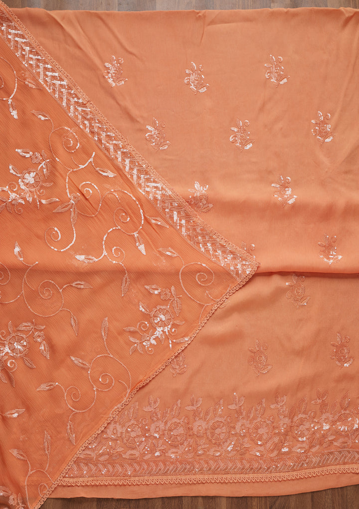 Peach Sequins Georgette Unstitched Salwar Suit - Koskii