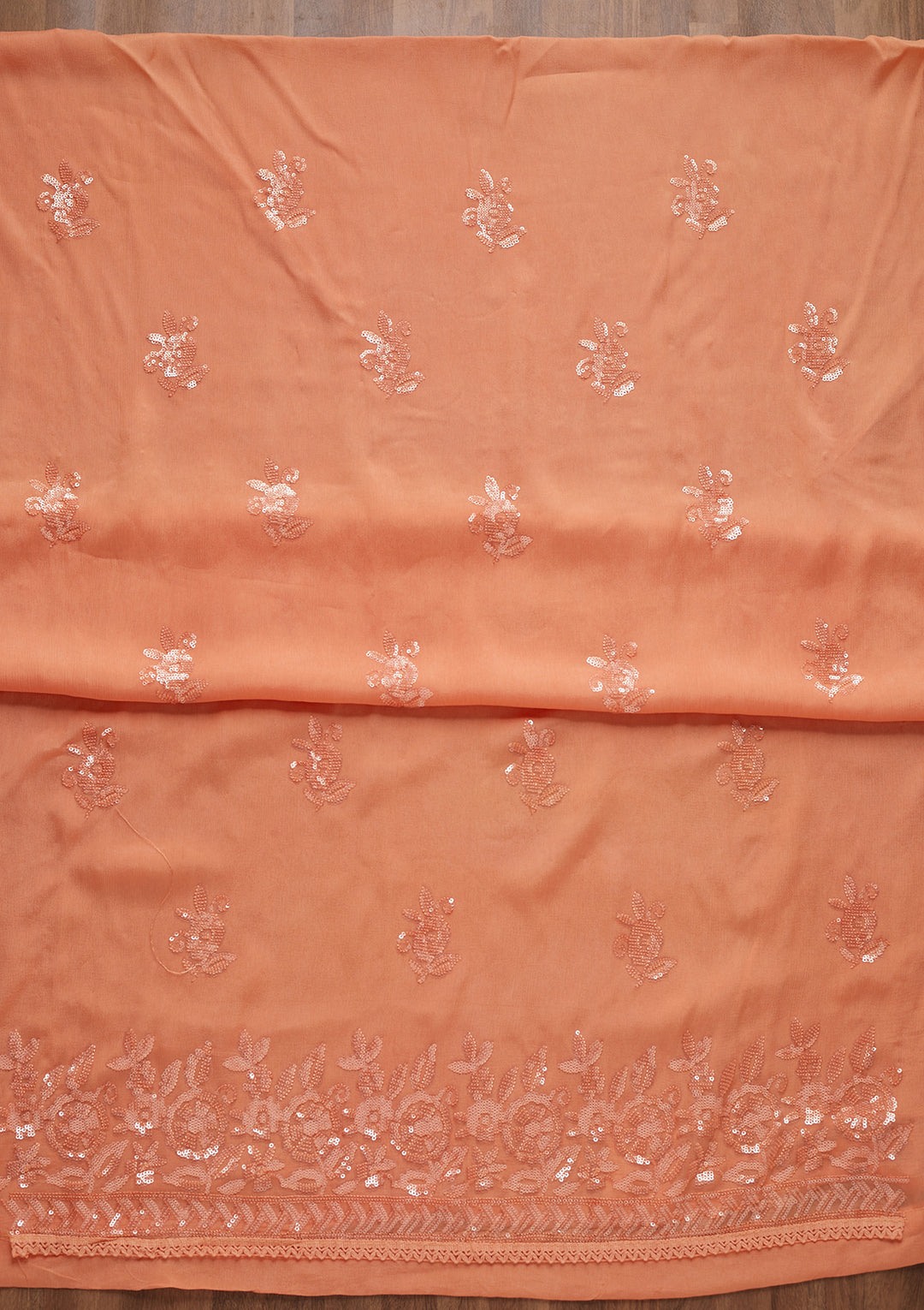 Peach Sequins Georgette Unstitched Salwar Suit - Koskii