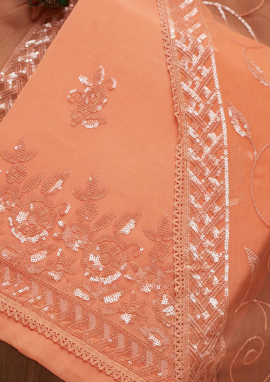 Peach Sequins Georgette Unstitched Salwar Suit - Koskii