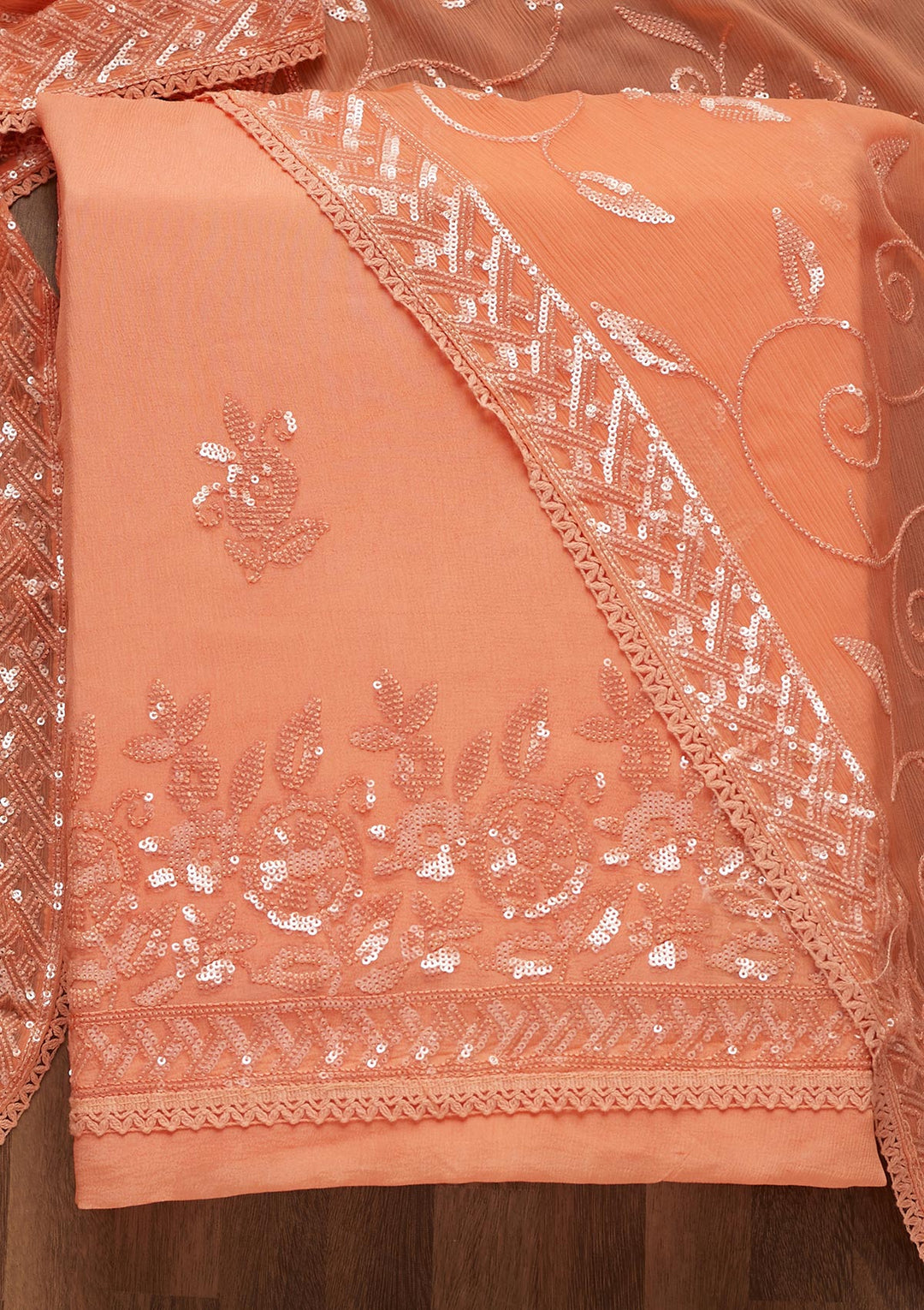Peach Sequins Georgette Unstitched Salwar Suit - Koskii