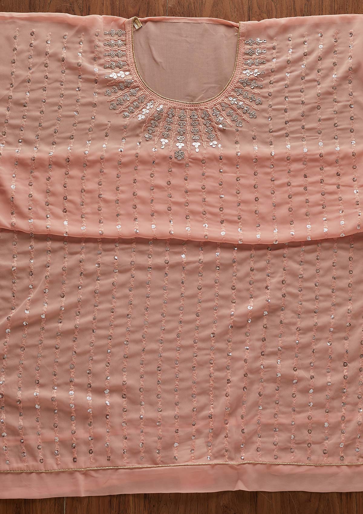 Peach Sequins Georgette Designer Unstitched Salwar Suit - Koskii
