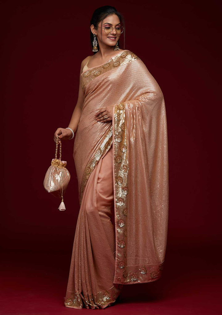 Peach Sequins Georgette Saree - Koskii