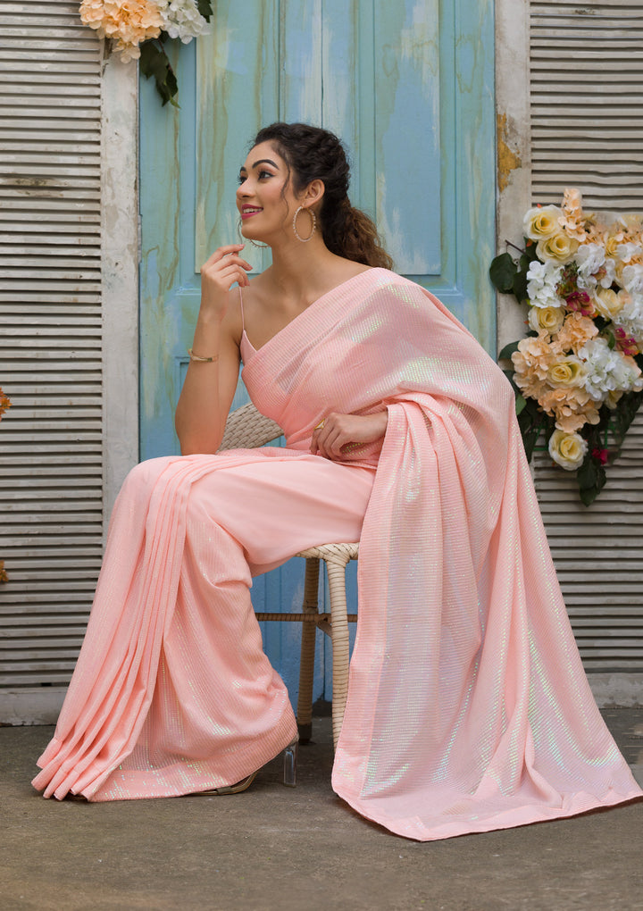 Peach Sequins Georgette Saree-Koskii