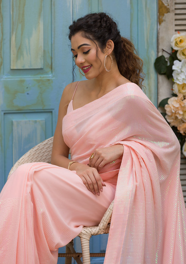 Peach Sequins Georgette Saree-Koskii