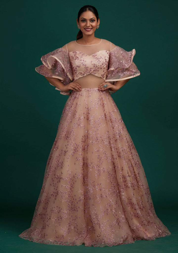Peach Sequins Net Designer Gown - Koskii