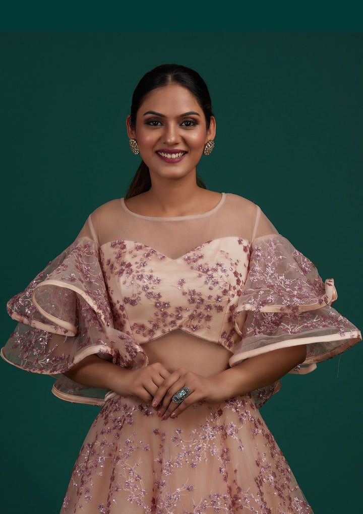 Peach Sequins Net Designer Gown - Koskii