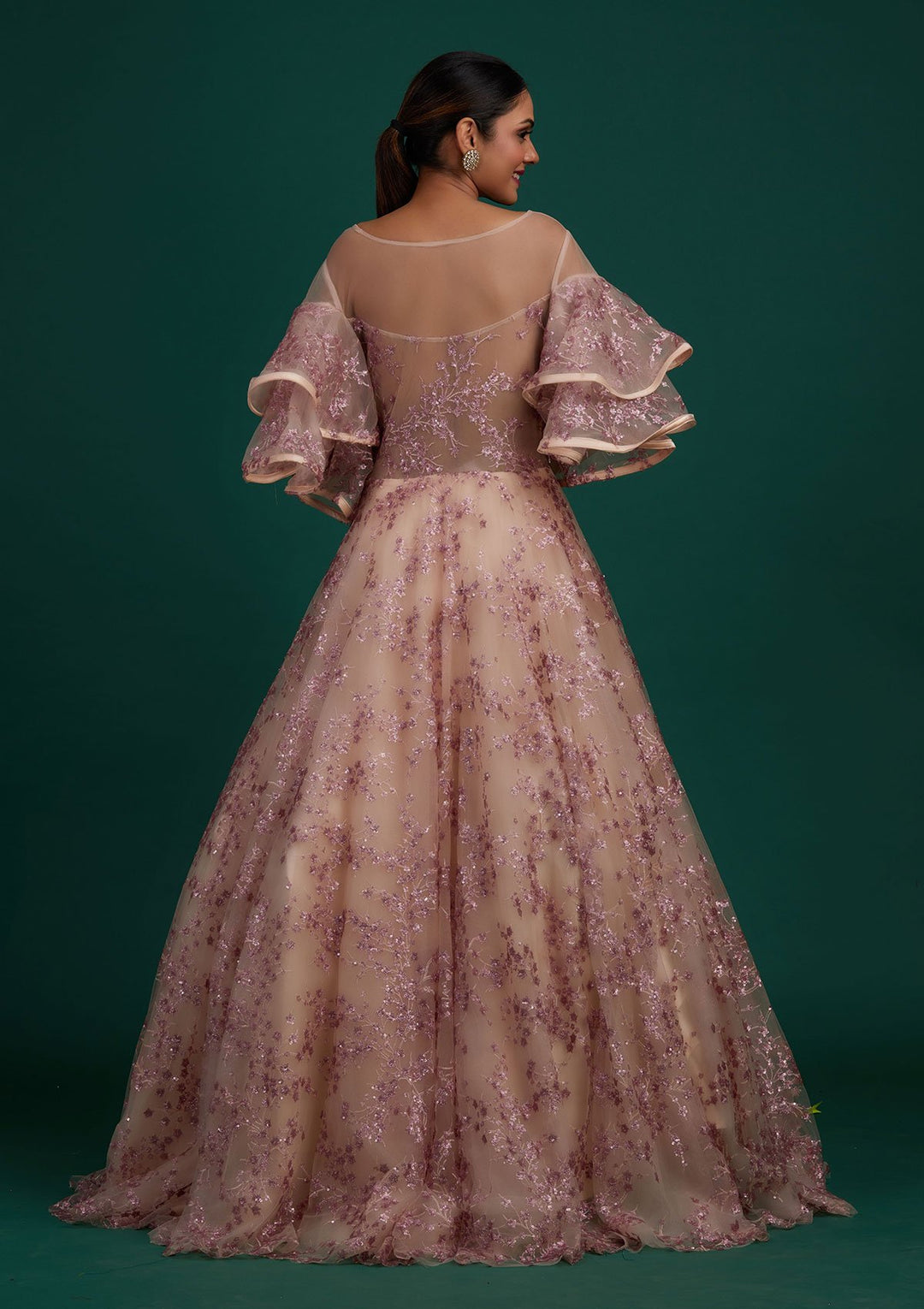 Peach Sequins Net Designer Gown - Koskii