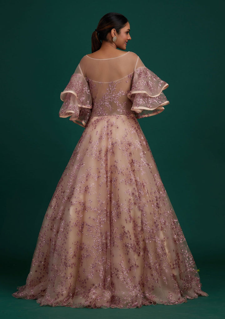 Peach Sequins Net Designer Gown - Koskii
