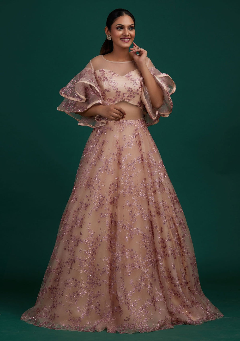 Peach Sequins Net Designer Gown - Koskii