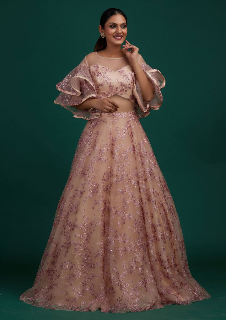 Peach Sequins Net Designer Gown - Koskii