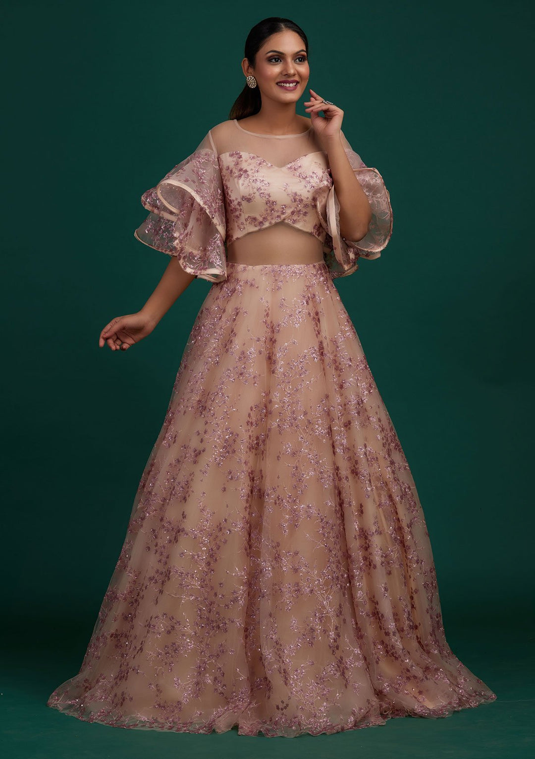 Peach Sequins Net Designer Gown - Koskii