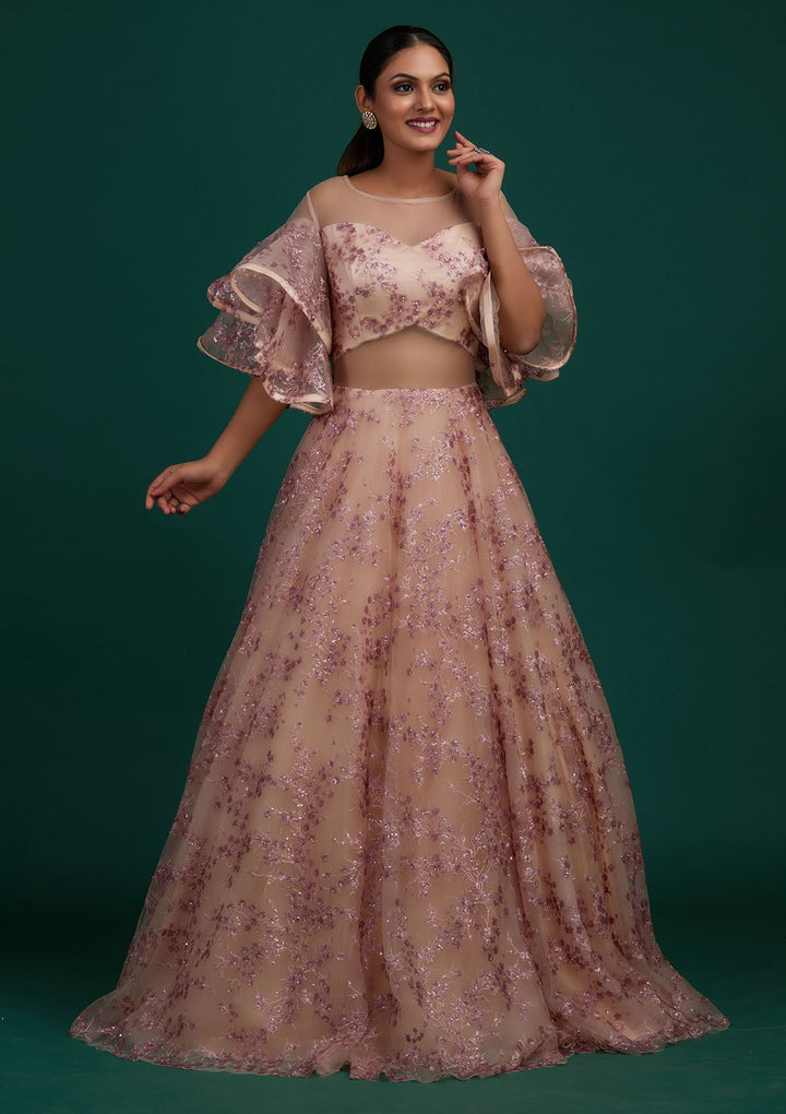 Peach Sequins Net Designer Gown - Koskii